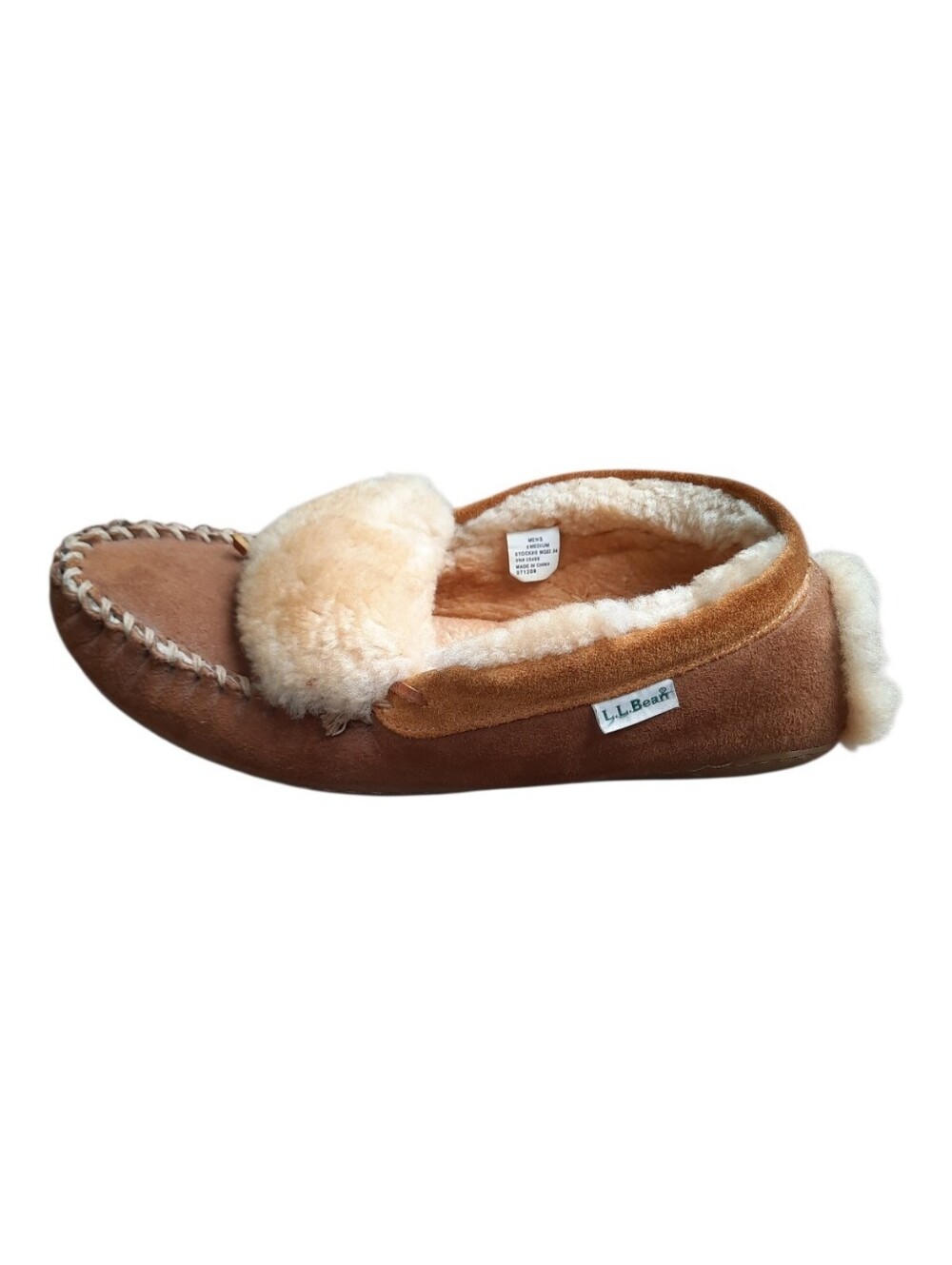 L.L. Bean Wicked Good Moccasins Tan Suede Lamb Shearling Slippers Size 8 *FLAWED